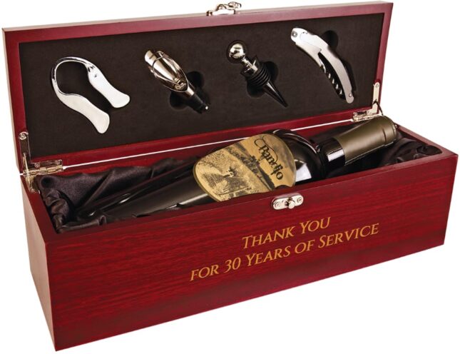 WBX12 Personalized Laserable Rosewood Finish Single Wine Box with Tools & Black Lining