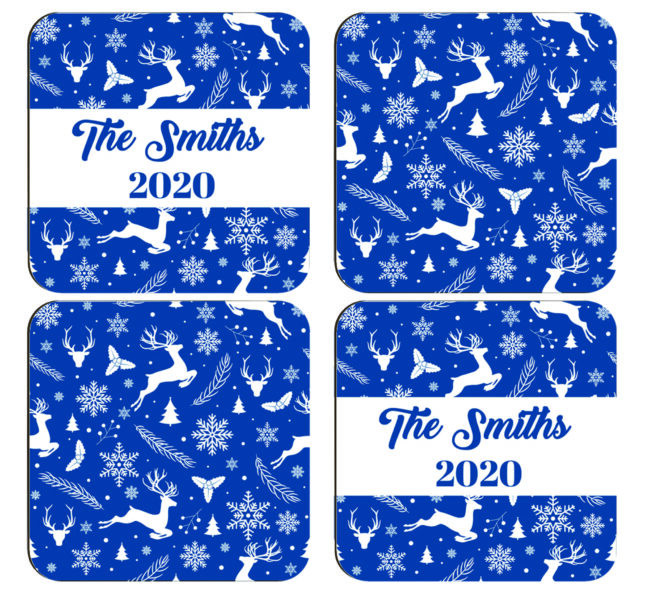 Blue and white deer and stars all Personalized Christmas Reindeers Coasters Set of 4 | Custom Cork Coasters