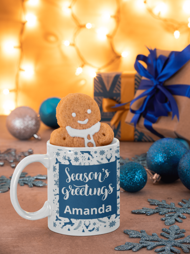 mockup featuring a gingerbread man inside an 11 oz coffee mug m47 11oz Personalized Season's Greeting Blue Deers Christmas Mug
