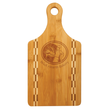 personalized paddle shaped bamboo cutting board with butcher block inlay
