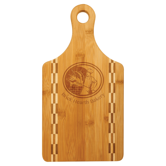personalized paddle shaped bamboo cutting board with butcher block inlay