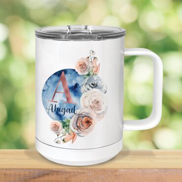 Floral Moon Personalized Tumbler with Handle, Monogram Insulated Tumbler, 15oz Tumbler with Lid,Insulated Mug,Metal Coffee Mugs,Gift For Her