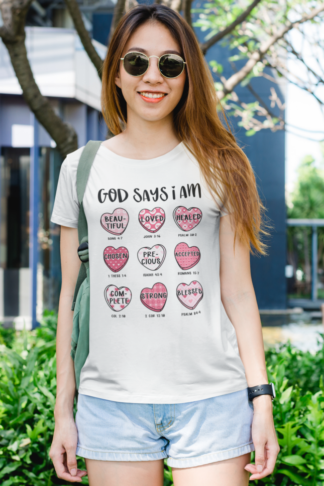 god says i am shirt 1 Divine Affirmation: "God Says I Am" Pink Hearts Bible Verse Valentines T-Shirt